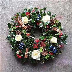 White Fresh Rose Holly Wreath